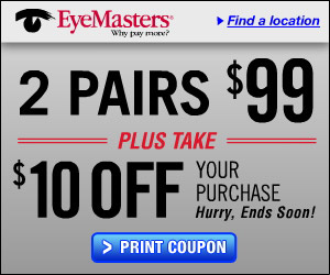 eyemasters coupon LIMITED TIME coupon! 2 pairs eyeglasses for $89 {thats only $45 each}!